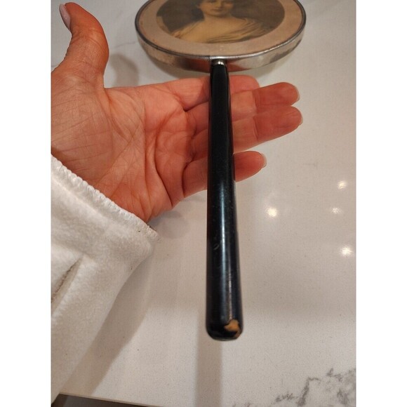 Vintage Handheld Portrait Lid Vanity Mirror with Wooden Handle Woman Portrait - Picture 6 of 13